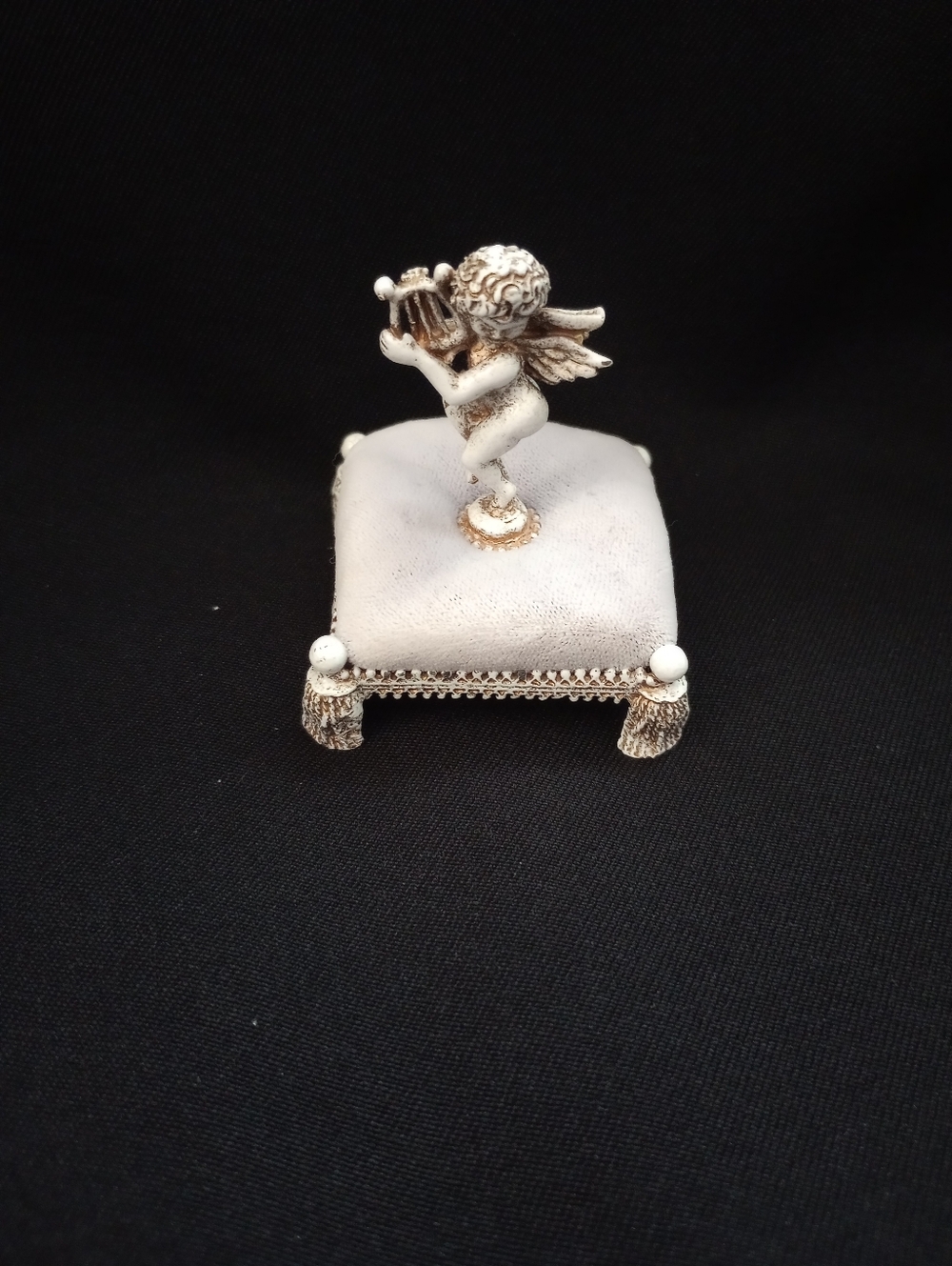 Vintage Florenza Cherub Playing Lyre Atop Gray Velvet Cushion Pincushion